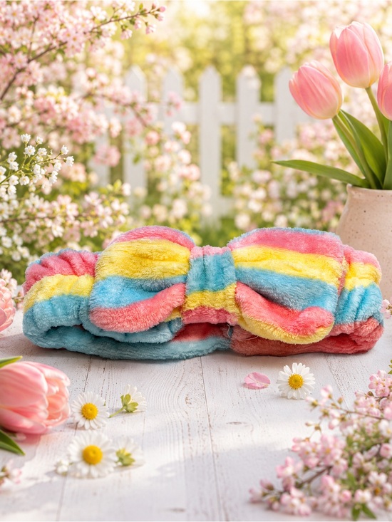 Accessories - Plush Rainbow Bow Spa Headband - Pink, Yellow & Blue